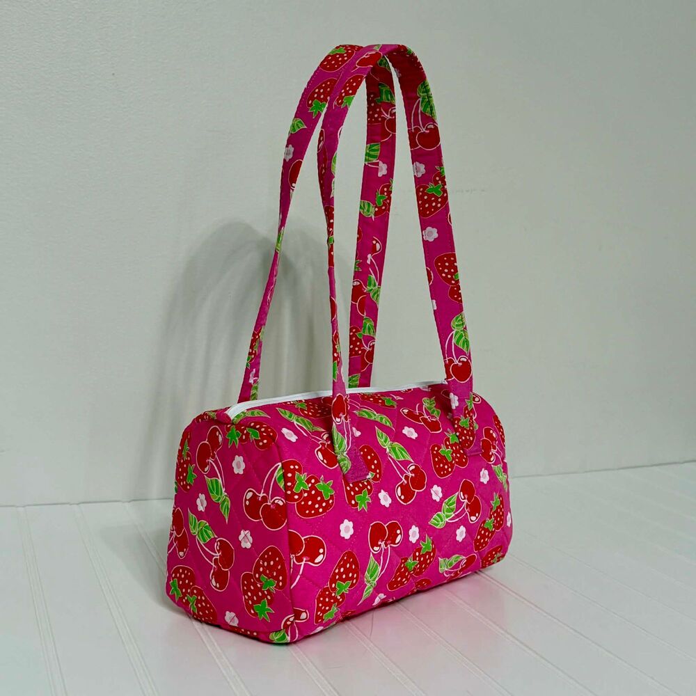 Handmade Quilted Pink Strawberries & Cherries Barrel Bag